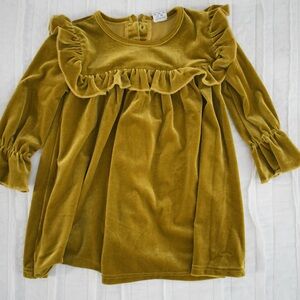 Velvet Ruffle Long Sleeve Dress - Mustard
